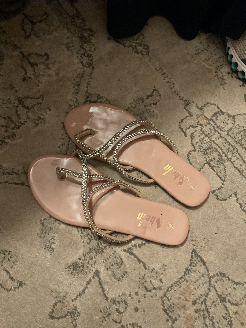 SHEIN Blush Pink Rhinestone Strappy Flat Sandals